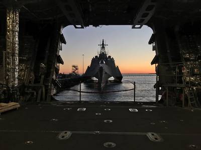 The littoral combat ship USS Jackson (LCS 6) sits pierside in San Diego. (U.S. Navy photo by Miranda V. Williams)