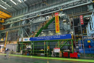 The MAN B&W 8L70ME-GI engine pictured at Doosan’s Changwon works in Korea (courtesy Doosan Engine)