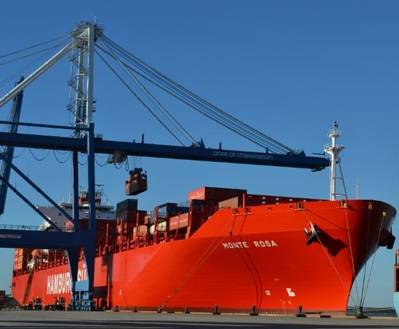 The Monte Rosa, a 5,560 TEU Hamburg Süd vessel, calls the Wando Welch Terminal for the first time today as part of the "New Tango" East Coast South America service.