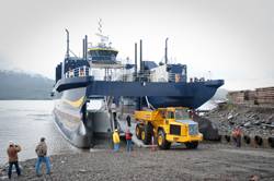 (The M/V Susitna can lower its buoyant vehicle deck to decrease the hull draft for landing craft operations.) photo by Charlie Starr, used by permission from Alaska Ship and Drydock.