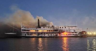 The Natchez on fire. (Source: Unidentified witness via US Coast Guard)