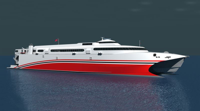 The new 100 meters long catamaran ferry, being built by Incat Tasmania for the Trinidad &amp; Tobago Government, will feature the recently introduced Wärtsilä WXJ waterjets. Copyright: Incat.