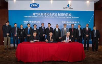 The new joint venture company agreement is signed by Yang Guobing, Chairman of CSSC Electronics Technology Co., Ltd, Ma Yunxiang, Vice chief Economist, Director of Planning and Development Department, CSSC and Stephan Kuhn, Vice President, Electrical & Automation, Wärtsilä Marine Solutions. (Photo: Wärtsilä)