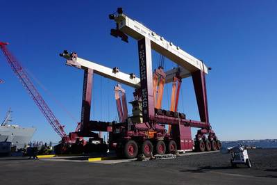 The new mobile boat hoist at Bayonne Dry Dock & Repair is said to be the largest in the U.S. Northeast, opening up a new stream of sales for the Bayonne, N.J. refit and repair yard. (Photo: Eric Haun)