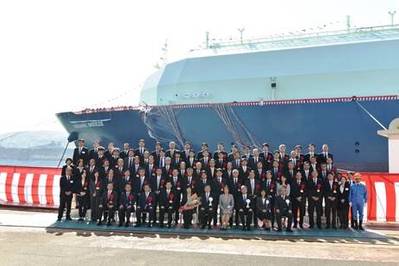 The newbuild LNG carrier Oceanic Breeze was named during a ceremony at MHI’s Nagasaki Shipyard. (Photo: “K” Line)