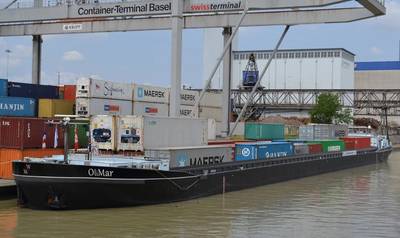 The OliMar at the Basel container port. (Photo courtesy of Cummins Marine)