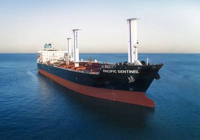 The Pacific Sentinel vessel showcasing the three 22-meter-high eSAILs (Credit: Eastern Pacific Shipping)