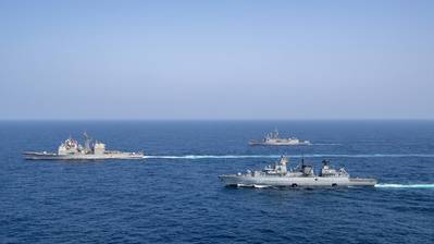 The Pakistan Navy frigate PNS Alamgir (F 260), German Navy frigate FGS Bayern (F 217), and guided-missile cruiser USS Shiloh (CG 67) sail in formation during a passing exercise (PASSEX) in the Arabian Sea, Sept. 6, 2021. (Photo: Rawad Madanat / U.S. Navy)