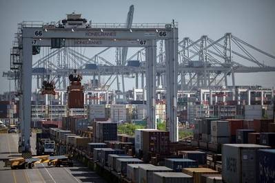 The Port of Savannah is poised to rapidly increase service to an arc of inland markets, from Atlanta to Memphis, to St. Louis, Chicago and the Ohio Valley. Key to expanding rail service is a $128M project linking Garden City Terminal's two rail yards.   (Georgia Ports Authority / Stephen B. Morton)