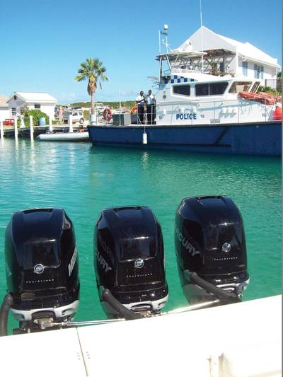 The Royal Turks and Caicos Island Police Force Marine Police  are equipped with a variety of patrol boats to monitor and patrol their waters.  The three engines on this boat can achieve speeds up to 60 knots. Edward Lundquist