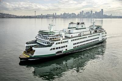 The second Olympic class ferry, M/V Samish, undergoing sea trials in April 2015. (Photo: WSF)