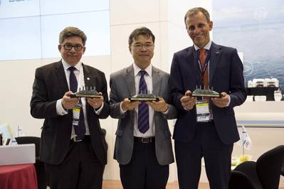 The signing at the DNV GL booth at Nor-Shipping: (left to right) Esko Mustamaki, CEO from Arctech; Peace Boat director and founder Yoshioka Tatsuya; and Jon Rysst, Regional Manager North Europe, DNV GL – Maritime (Photo: DNV GL)