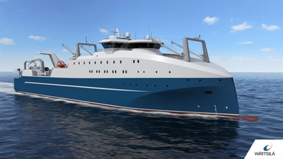 The specially designed unique bow design of the trawler enhances efficiency. The 121 meters long factory trawler will also be capable of processing fish from other vessels. (Image: Wärtsilä)