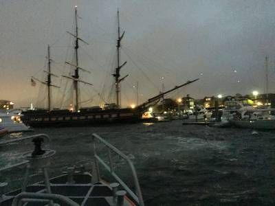 The SSV Oliver Hazard Perry, an educational tall ship homeported in Newport, R.I. is grounded Sunday, October 11, 2017 in Newport Harbor after the ship lost power and hit multiple other boats near Perrotti Park. (U.S. Coast Guard photo)