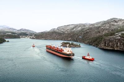 The Stamford Eagle is shown here sailing on 100% sustainable biofuel near Sauda in Norway’s Sandsfjord. (Photo: Eagle Bulk Shipping)