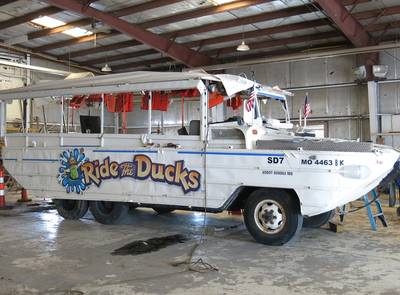 The Stretch Duck 7, a modified WWII DUKW amphibious passenger vessel, shown in this July 25, 2018, photo after it was recovered from Table Rock Lake near Branson, Mo. The vessel sank during a storm July 19, 2018. (NTSB Photo by Brian Young)