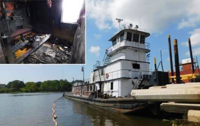 The Susan Lynn at its berth following the fire. Inset: crew quarters on board the Susan Lynn. (Photo: Louisiana Office of State Fire Marshal via NTSB)