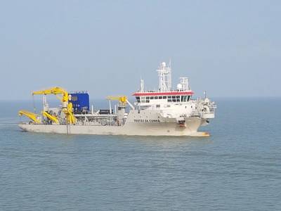 The Tristão da Cunha, one of Jan De Nul’s recent trailing hopper suction dredger with a capacity of 3.500m², also equipped with ULEv-technology (Ultra Low Emission vessel). (Photo: Jan De Nul Group)