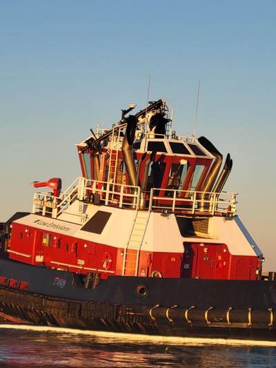 The tug boat Mark E. Kuebler rests aground on shoal water near Corpus Christi, Texas, Jan. 23, 2023. (Photo: U.S. Coast Guard)