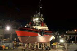 The tug Leader is shown at Bay Ship & Yacht Co. in Alameda, Calif. (Photo courtesy 2009 DavidAllenStudio.com)