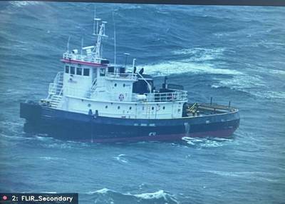 The tug Legacy became disabled after the barge it was towing broke loose and the 1,000-foot towing line became entangled and fouled its propellers. (Photo: U.S. Coast Guard)