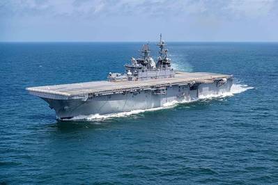 The U.S. Navy amphibious assault ship USS Tripoli (LHA-7) conducts builder's trials in the Gulf of Mexico in July 2019. (U.S. Navy photo courtesy of Huntington Ingalls Industries by Derek Fountain)