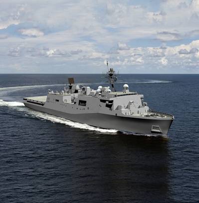 The U.S. Navy's LX(R) amphibious warship class will replace the Harpers Ferry- and Whidbey Island-class dock landing ships and will use the same hull as the San Antonio (LPD 17) class. HII rendering