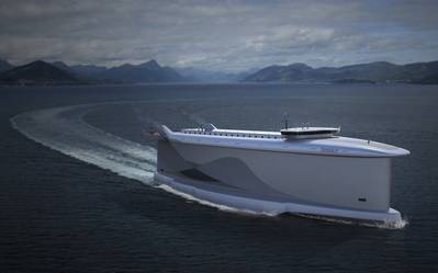 The Vindskip car-carrier vessel design uses a unique body design alongside LNG/LBG to reduce emissions. (Image: Vindskip AS)