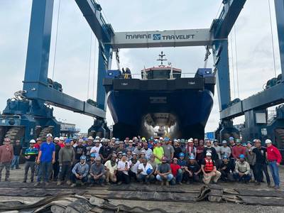 The WindServe Genesis is launched a the Senesco Marine shipyard in Rhode Island (Photo: Senesco Marine)