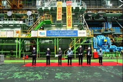 The Wärtsilä 6X62DF engine’s launching celebration at Doosan’s works in Changwon, Korea. (Photo: WinGD)