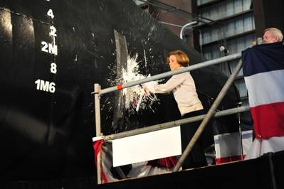 Theresa Gilliam Pitts Christens 'USNS Choctaw County': Photo credit Austal