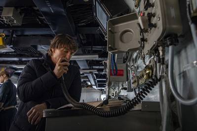 Tom Cruise addresses the crew on the 1MC during a visit to the Nimitz-class aircraft carrier USS George H.W. Bush (CVN 77), March 3, 2023. (Photo: Samuel Wagner / U.S. Navy)