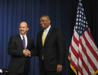 TOTE President and CEO Anthony Chiarello (left) with U.S. Secretary of Transportation Anthony Foxx 