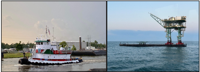 The towing vessel Baylor J. Tregre (left) is pictured on an unknown date and the ocean barge Marmac 27 is pictured after the casualty. (Source: Trinity Towing LLC)