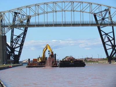 Trade West Construction continues the deepening of the Upstream Channel for the New Lock at the Soo in Sault Ste. Marie, Michigan. Deepening is the first phase of the new lock project and will be completed in the fall 2021. (Photo: Michelle Briggs)