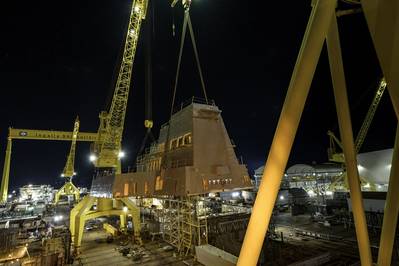 Two cranes were used to lift the 320-ton aft deckhouse onto guided missile destroyer Jack H. Lucas (DDG 125) at Ingalls Shipbuilding in Pascagoula, Miss. (Photo: HII)