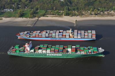 Two passing containerships on the Elbe (Photo courtesy of the Port of Hamburg)