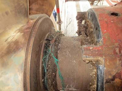 Typical netting and rope around rotating shaft damages aft seal.
