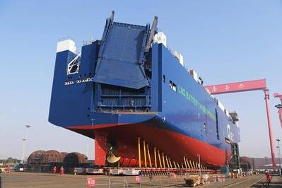 UECC’s third newbuild dual-fuel battery hybrid PCTC set to be launched onto the water at Jiangnan Shipyard in China (Photo: Jiangnan Shipyard)