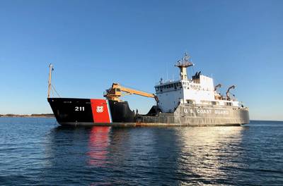 U.S. Coast Guard Cutter Oak (WLB-211) sits at anchor. The Newport, Rhode Island-based buoy tender maintains 144 Aids to Navigation (ATON) that guide mariners into some of the oldest and busiest ports in the U.S., including Boston, Massachusetts; Portsmouth, New Hampshire; and Portland, Maine. (U.S. Coast Guard photo by Emily E. Torsney)