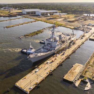 U.S. Navy destroyer Delbert D. Black (DDG 119) was moved to Pier Four on the east bank of the Pascagoula River, signifying the reopening of Ingalls' facility that had been decimated in 2005 by Hurricane Katrina. (Photo by Derek Fountain/HII)