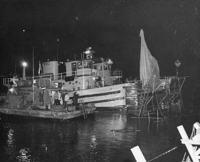 U.S. Navy tugs and diving barge alongside USS Guitarro (SSN-665) May 15, 1969 (U.S. Navy photo)