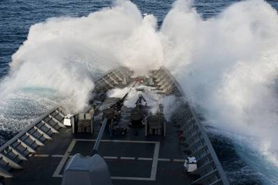 USS Cowpens in Heavy Weather: Photo credit USN