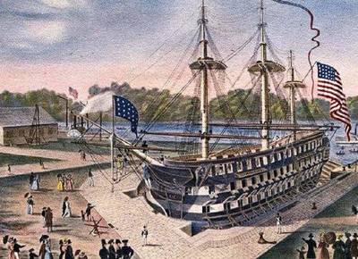 USS Delaware entering the first drydock in America at Gosport Navy Yard (Norfolk), June 17, 1833. (Courtesy Tommy Trampp, NavSource)