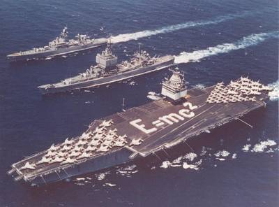 USS Enterprise (CVAN 65) (bottom), USS Long Beach (CGN 9) (center) and USS Bainbridge (DLGN 25) (top) in 1964 (U.S. Navy photo)
