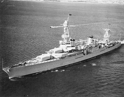 USS Houston with President Franklin D. Roosevelt on board (U.S. Naval Historical Center Photograph.)