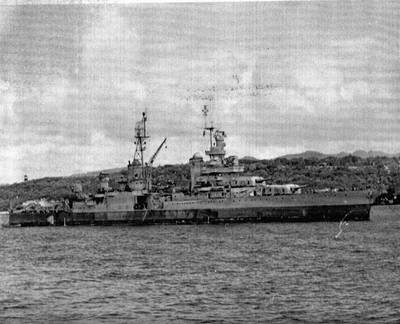 USS Indianapolis (CA 35) on July 27, 1945 heading for sea from Apra Harbor, Guam.  This is likely the last photo taken of the ship. (U.S. Navy Photo by Gus Buono, from the Collection of David Buell)