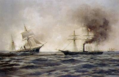 USS Kearsarge vs. CSS Alabama. Painting by Xanthus Smith, 1922, depicting Alabama sinking, at left, after her fight with the Kearsarge (seen at right). (Courtesy of the Franklin D. Roosevelt Library, Hyde Park, New York. Official U.S. Navy Photograph.)