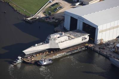 USS Omaha Littoral Combat Ship during launch at Austal USA’s facility in Gulfport. In addition, sister LCS USS Jackson was recently commissioned in Gulfport. Both ships are powered by GE LM2500 gas turbines. Photo courtesy of Austal USA.