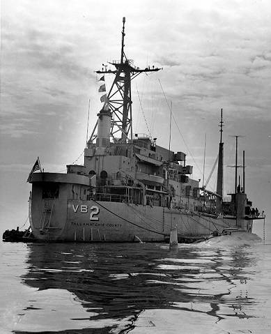 USS Scorpion alongside USS Tallahatchie County (AVB-2) outside Claywall Harbor, Naples, Italy, in April 1968, shortly before she departed on her last voyage. This is believed to be one of the last photographs taken of Scorpion. (Courtesy Lieutenant John R. Holland, Engineering Officer, USS Tallahatchie County, 1969. U.S. Naval History & Heritage Command Photograph)